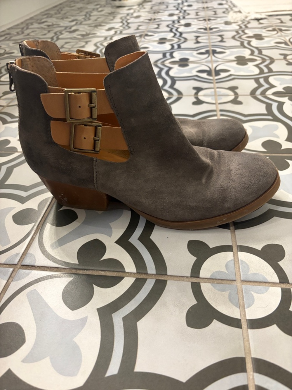 Kork-Ease Gray Suede Cutout Ankle Boots with Tan Buckle Straps